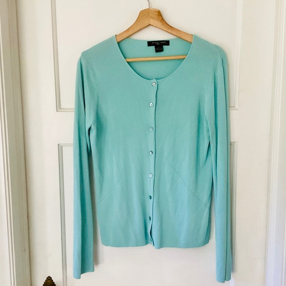 August Silk Rayon Blend Micro Rib Cardigan Women’s L Light Blue Feminine Preppy - Picture 1 of 13
